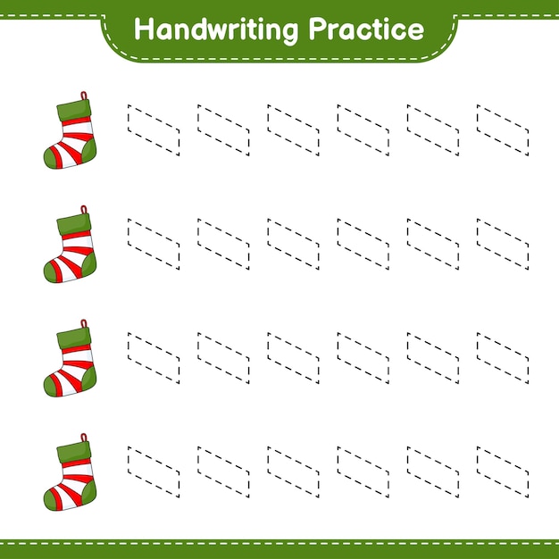 Handschriftoefening Traceren van lijnen van kerstsok Educatief spel voor kinderen afdrukbaar werkblad vectorillustratie