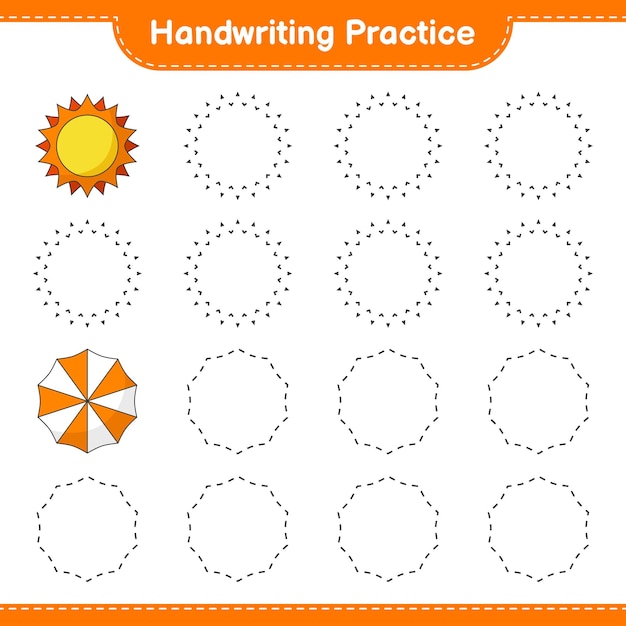 Handschriftoefening Traceren van lijnen van zon en paraplu Educatief kinderen spel afdrukbaar werkblad vectorillustratie