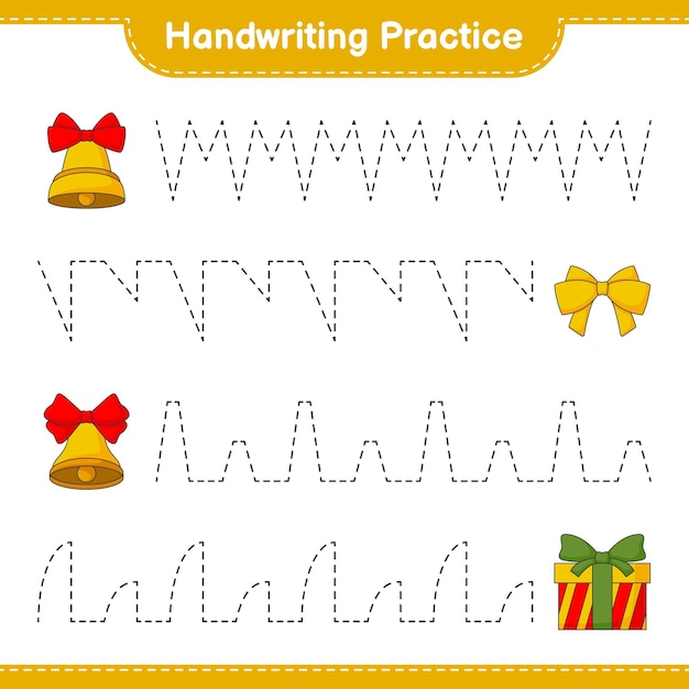 Handschriftoefening Tracing lijnen van Christmas Bell Ribbon en Gift Box Educatief kinderen spel afdrukbaar werkblad vectorillustratie