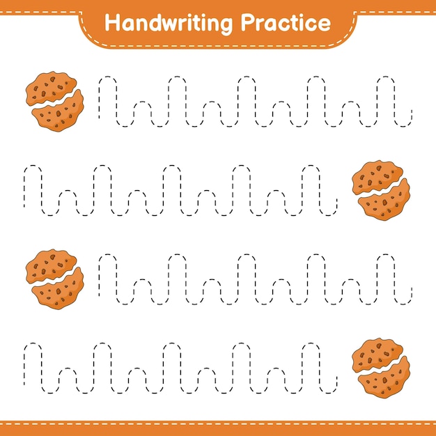 Handschriftoefening tracing lijnen van cookie educatief kinderen spel afdrukbare werkblad vectorillustratie