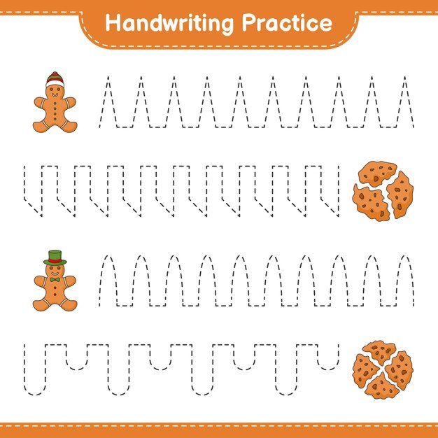 Handschriftoefening Tracing lijnen van Cookies en Gingerbread Man Educatief kinderen spel afdrukbare werkblad vectorillustratie