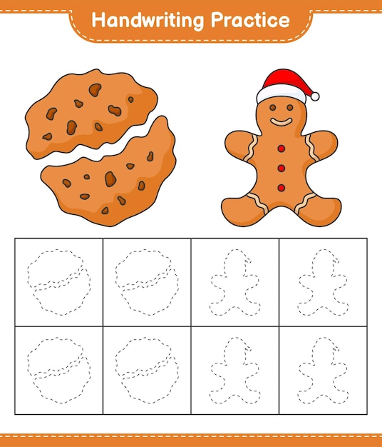 Handschriftoefening Tracing lijnen van Gingerbread Man en Cookies Educatief kinderen spel afdrukbare werkblad vectorillustratie
