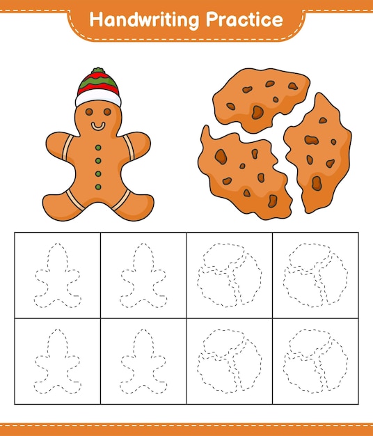 Handschriftoefening Tracing lijnen van Gingerbread Man en Cookies Educatief kinderen spel afdrukbare werkblad vectorillustratie