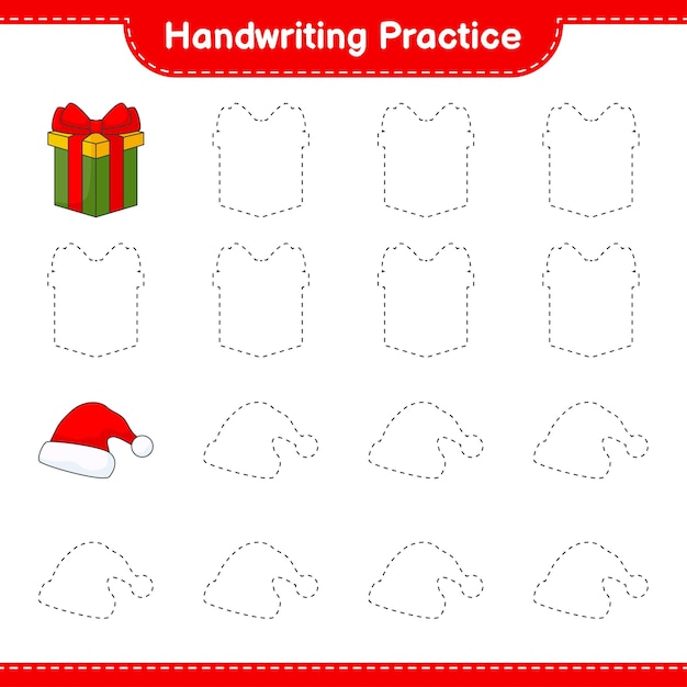 Handschriftoefening Tracing lijnen van kerstmuts en geschenkdoos Educatief kinderen spel afdrukbaar werkblad vectorillustratie