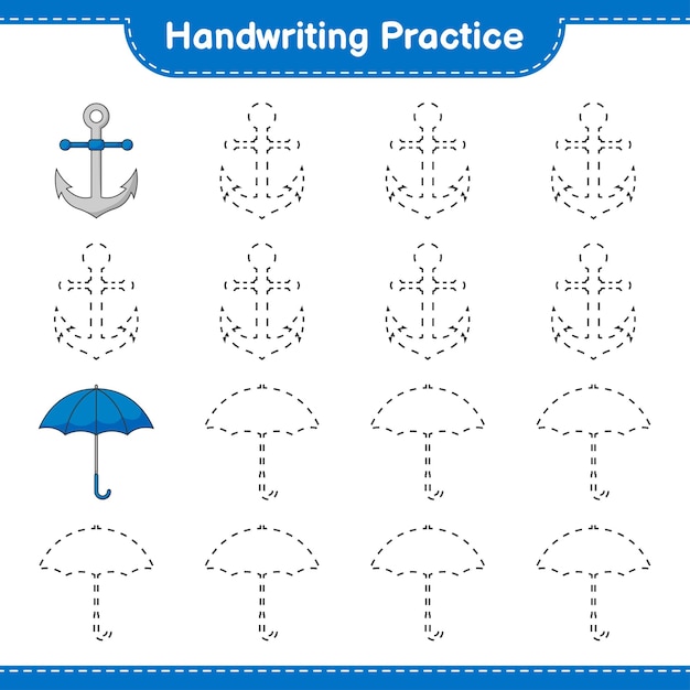 Handschriftoefening tracing lijnen van paraplu en anker educatief kinderen spel afdrukbare werkblad vectorillustratie