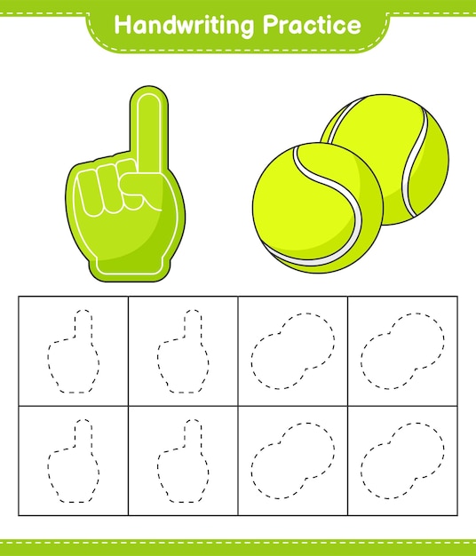 Handschriftoefening Tracing lijnen van schuimvinger en tennisbal Educatief kinderen spel afdrukbaar werkblad vectorillustratie