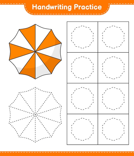 Handschriftoefening tracing lijnen van strandparaplu educatief kinderen spel afdrukbaar werkblad vectorillustratie