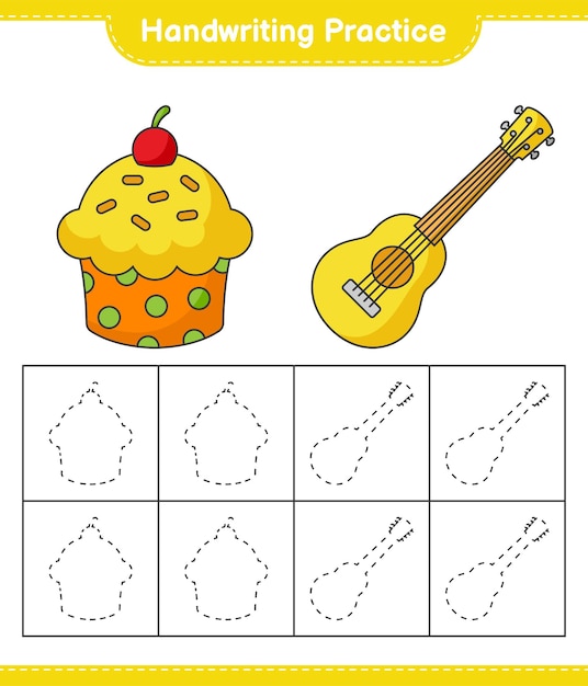 Handschriftoefening tracing lijnen van ukelele en cup cake educatief kinderen spel afdrukbare werkblad vectorillustratie