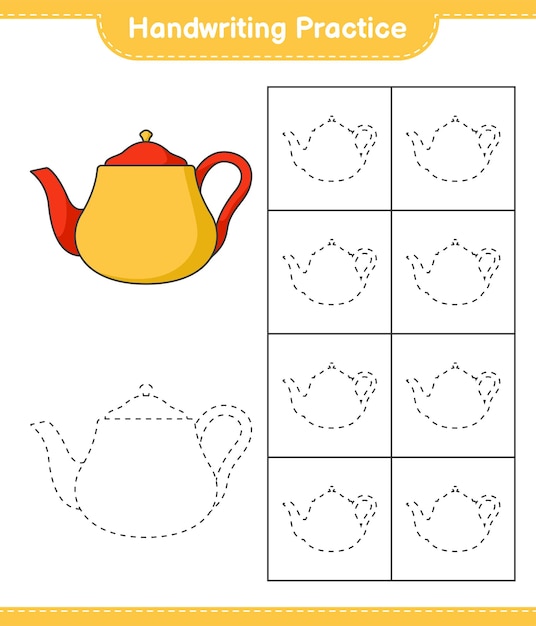 Handschriftoefeningen traceren van lijnen van theepot educatief kinderspel afdrukbaar werkblad