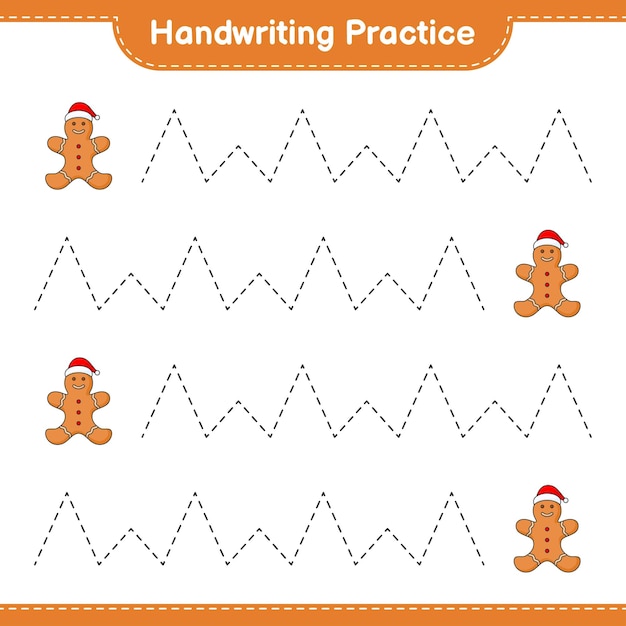 Handschriftpraktijk Tracing lijnen van Gingerbread Man Educatief kinderen spel afdrukbare werkblad vectorillustratie