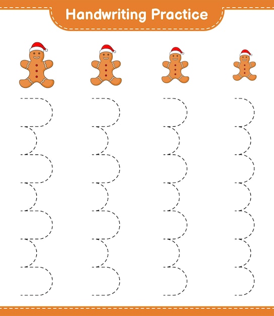 Handschriftpraktijk tracing lijnen van gingerbread man educatief kinderen spel afdrukbare werkblad vectorillustratie