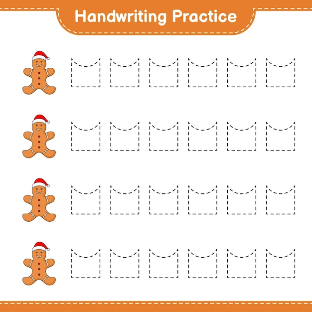 Handschriftpraktijk tracing lijnen van gingerbread man educatief kinderen spel afdrukbare werkblad vectorillustratie