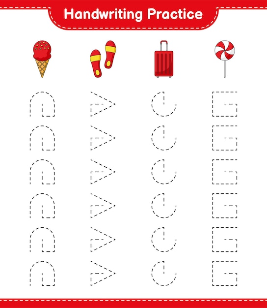 Handschriftpraktijk Tracing lijnen van Ice Cream Flip Flop reistas en Candy Educatief kinderen spel afdrukbare werkblad vectorillustratie