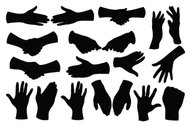 Handschudden met verschillende handgesette silhouetten geïsoleerde platte vectorillustratie op witte achtergrond