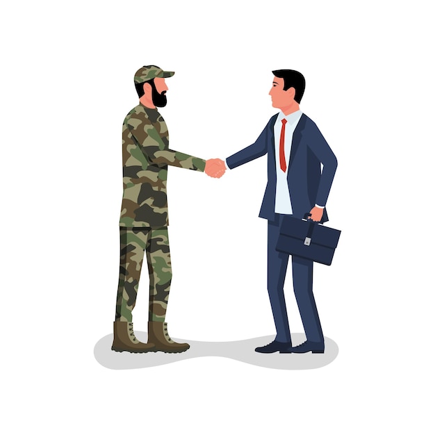 Handshake businessman and soldier Symbol of successful negotiations