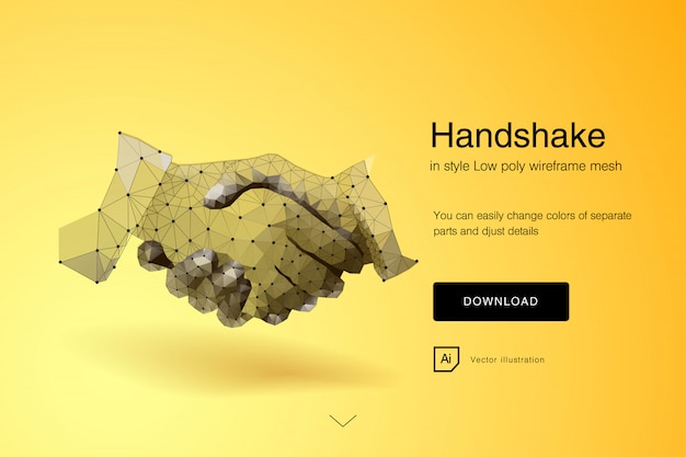 악수. 악수-비즈니스 에티켓, 합병 및 인수 개념을 만드는 기업인. 비즈니스 악수의 개요입니다. 다각형 메쉬 아트. 기술 혁신의 영향, 미래. 벡터
