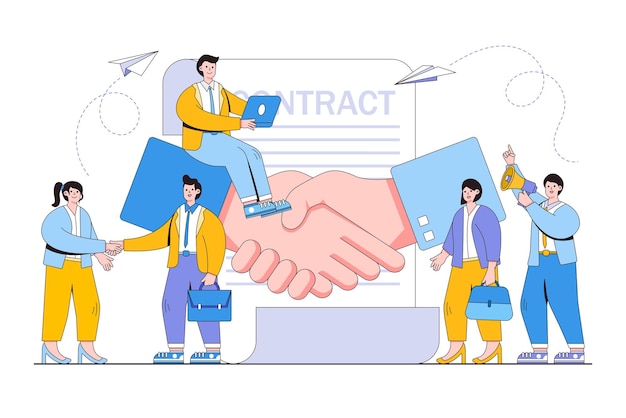 Handshake conclusion of a contract successful partnership cooperation concept with business people character outline design minimal vector illustration for landing page web banner infographics