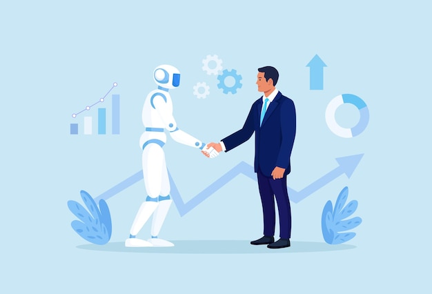 人間とアンドロイドが握手 aiロボット技術専門パートナーシップ契約 ビジネスマンと人工知能が握手 未来協力技術 イノベーションを進める