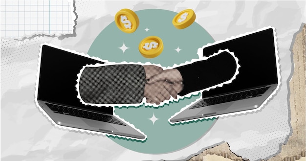 Handshake between laptops symbolizing business collaboration and deals vector illustration