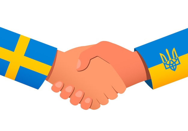 財政的または政治的関係と支援の象徴としてのスウェーデンとウクライナ間の握手ベクトル図EPS10