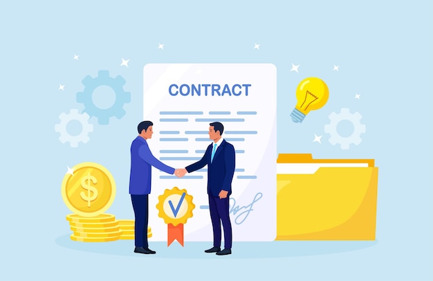 Vector handshake of two businessmen. agreement of parties. people shaking hands firmly after signing documents. successful partnership, cooperation, investment