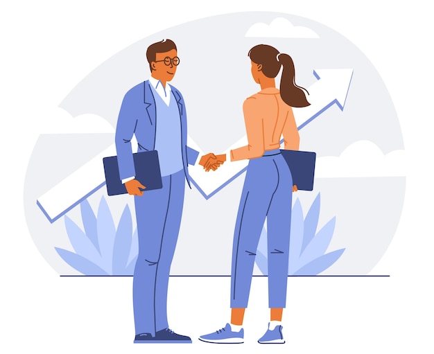 Handshake manager felici durante una riunione in ufficio persone che si congratulano con un collega con successo sul lavoro illustrazione vettoriale piatta