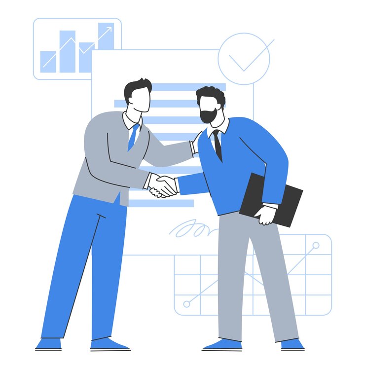 Vector handshaking managers at office meeting people congratulating colleague with success at work flat vector illustration