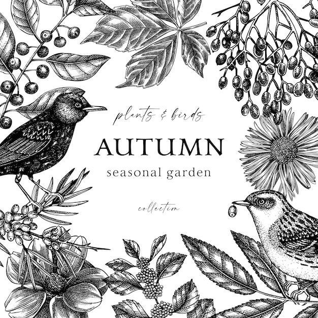 Нарисованная вручную осенняя ретро рамка элегантный ботанический шаблон с осенними птицами, листьями и цветами