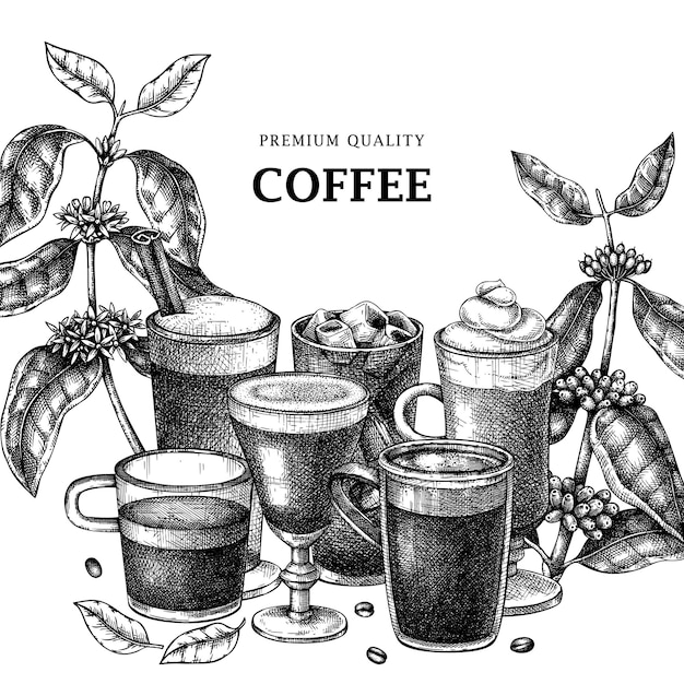 Handsketched coffee square card design with sketches of aromatic drinks in mugs and glasses