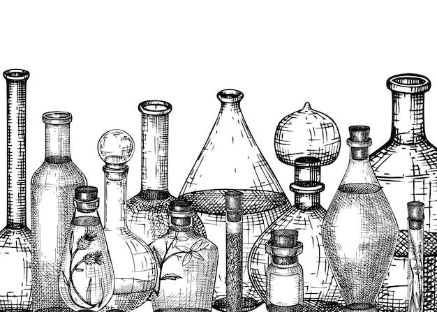 Vector handsketched glass equipment for perfumery and cosmetics making