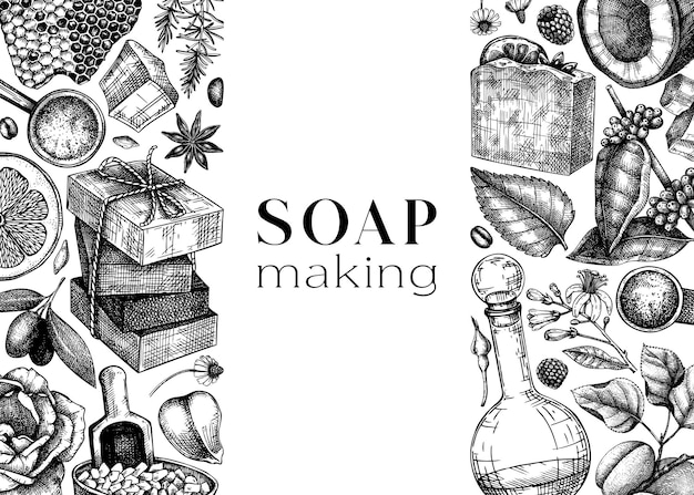 Sapone disegnato a mano senza cuciture sfondo di ingredienti naturali e materiali aromatici