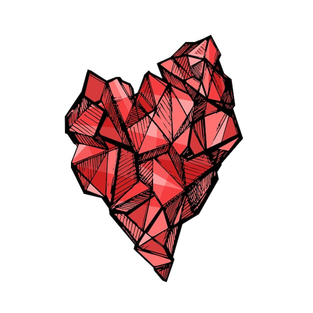 Нарисованный вручную векторный многоугольный красный бриллиантовый кристалл в форме сердца драгоценный камень разбитое сердце безответная любовь