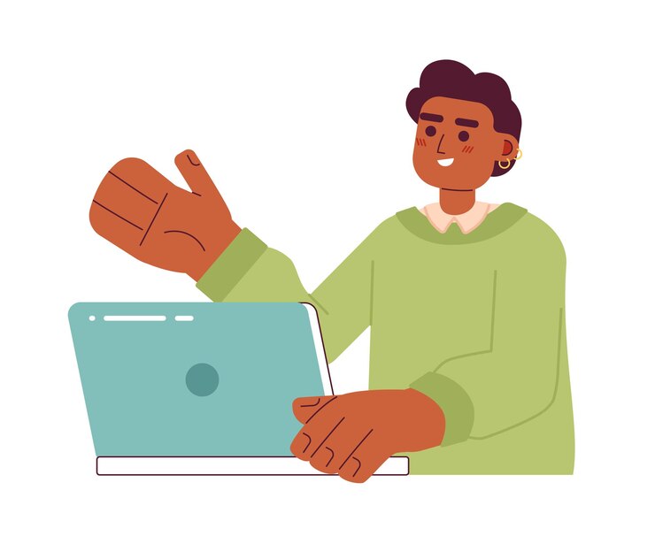 Vector handsome african american man with earring semi flat color vector character editable half body office worker with laptop on white simple cartoon spot illustration for web graphic design
