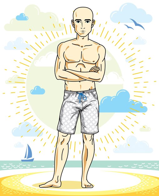 Vector handsome bald man posing on tropical beach in colorful shorts. vector character. summer holidays theme.