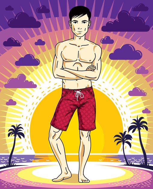 Handsome brunet young man is standing in shorts on sunset view of tropical beach. vector athletic male illustration. summer vacation lifestyle theme cartoon