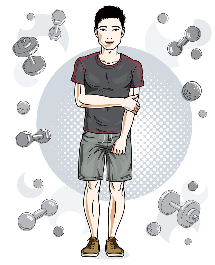 Vector ハンサムな黒髪の若い男は、ダンベルとバーベルでシンプルな背景に立っています。スポーツマンのベクター イラストです。アクティブで健康的なライフ スタイル テーマの漫画。
