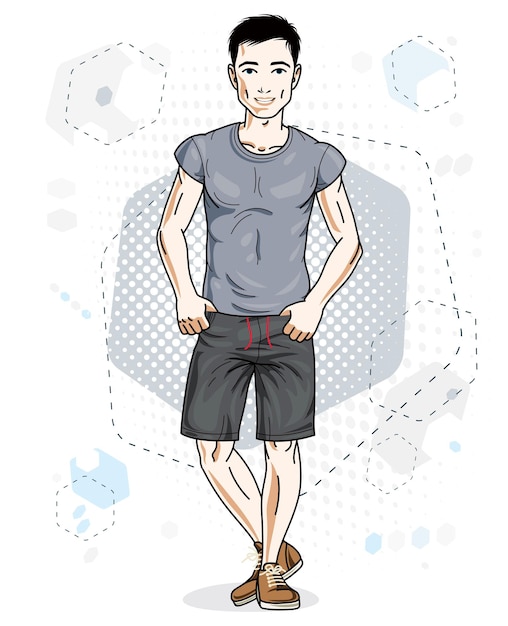 Vector handsome brunet young man poses on modern background with hexagons. vector illustration of male. lifestyle theme clipart.