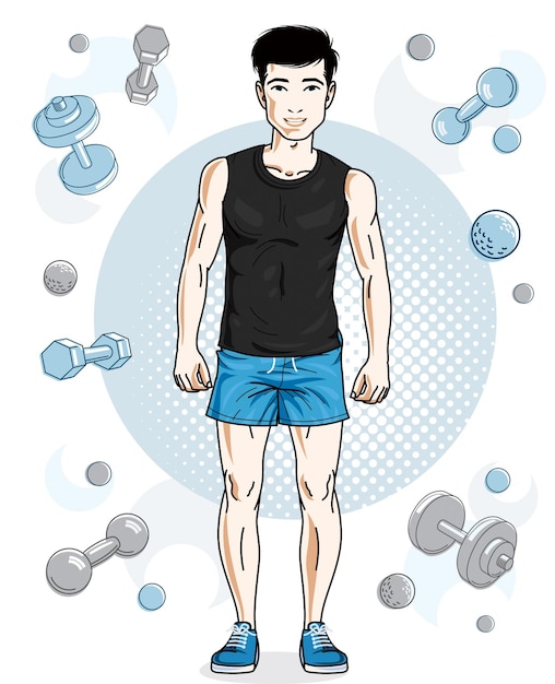 Handsome brunet young man poses on simple background with dumbbells and barbells. Vector illustration of sportsman. Work out and training theme.