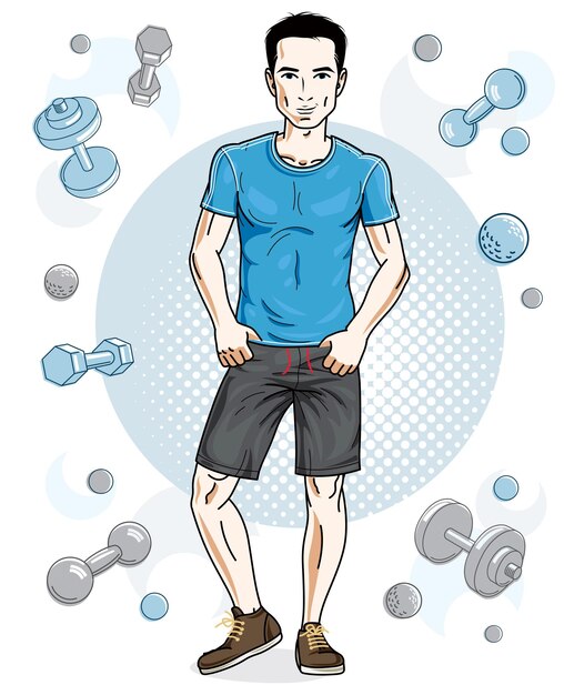 Vector handsome brunet young man poses on simple background with dumbbells and barbells. vector illustration of sportsman. work out and training theme.