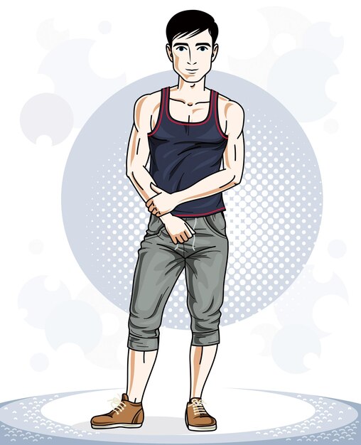 Vector handsome brunet young man posing. vector illustration of sportsman. work out and training theme.