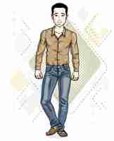 Vector handsome brunet young man standing. vector illustration of man wearing stylish casual clothes.