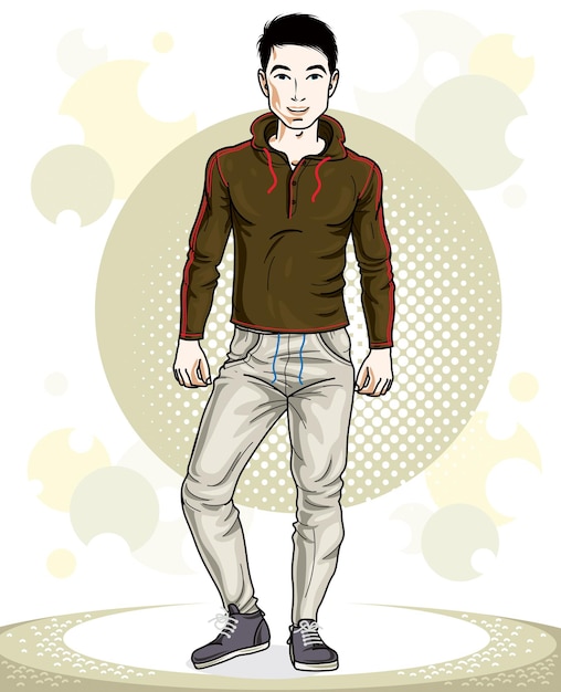 Handsome brunet young man standing. vector illustration of sportsman.  active and healthy lifestyle theme cartoon.