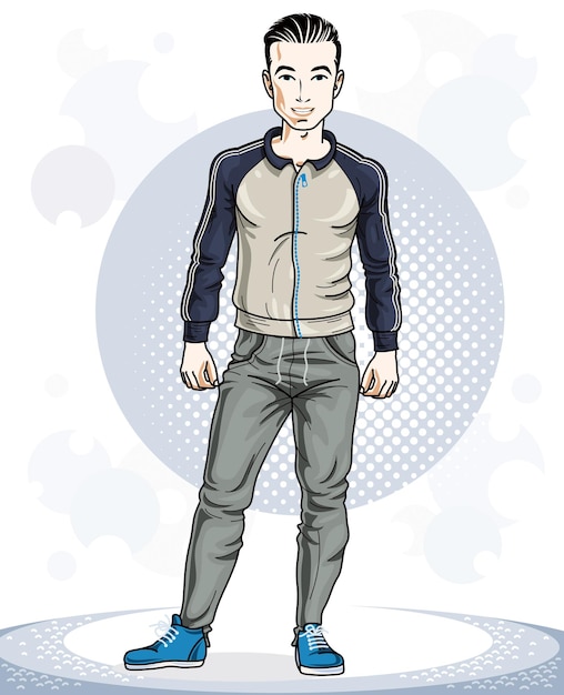 Handsome brunet young man standing. vector illustration of sportsman.  active and healthy lifestyle theme cartoon.