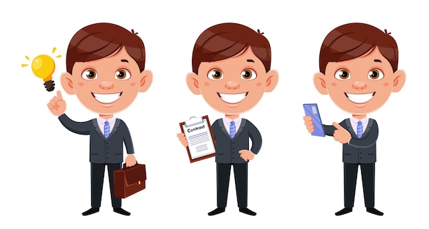 Handsome business man cartoon character Funny businessman set of three poses