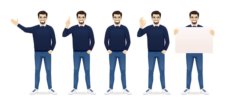 Vector handsome business man in casual clothes standing in different poses set isolated vector illustration