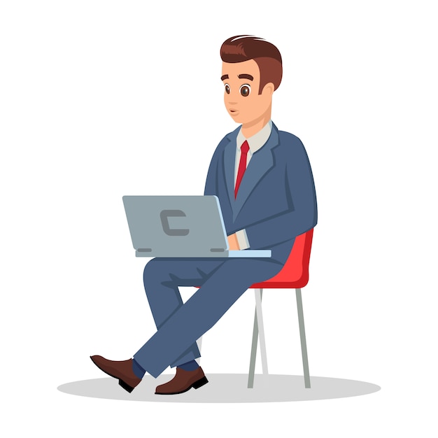 Vector handsome businessman in formal costume sitting on chair with laptop.