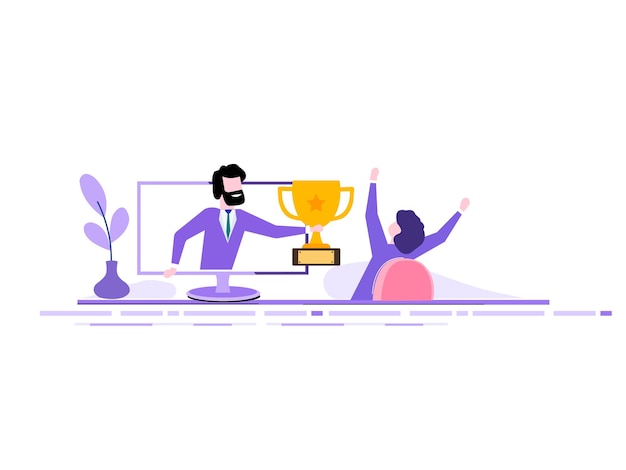 Handsome businessman holds out a golden cup from a monitor to a happy office worker award in the online contest