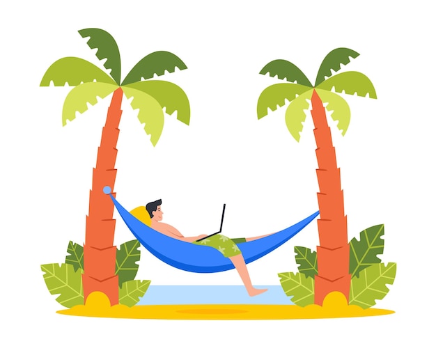 Vector handsome businessman in summer wear lying on hammock at palm trees on exotic tropical beach working on laptop