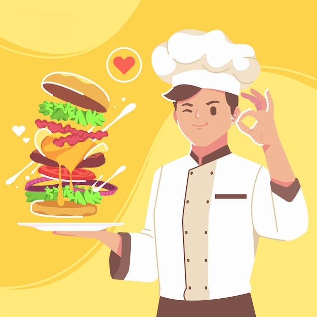 A handsome chef is cooking burgers