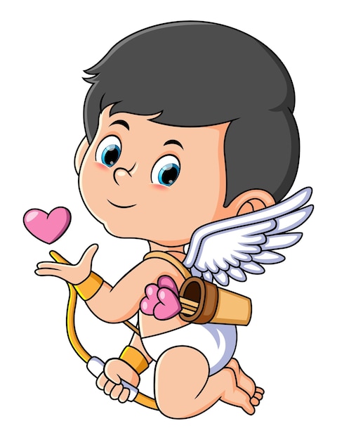 The handsome cupid is flying while carrying a bow and love arrow